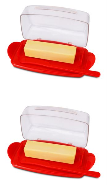 

butter dish with counterlid, durable plastic butter container with spreader knife, cute handle and flip lid design for easy access, non-slip