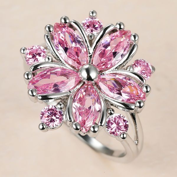 

wedding rings cute female pink crystal stone ring charm upscale thin wedding rings for women dainty bride flower zircon engagement ring 2308, Slivery;golden