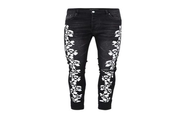 

man jeans black flower print skinny vintage mens hip hop high street denim fit straight leg with hole stretch summer 2022 pants ca8072006, Blue