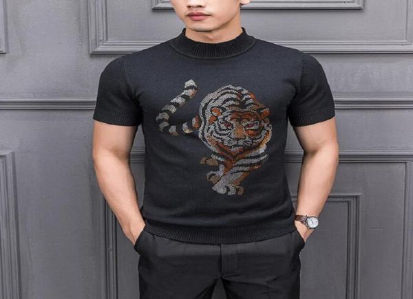 

new men039s drill print short sleeves men solid color sweater pullover t shirt slim knitted sweaters whiteblack4391508, White;black