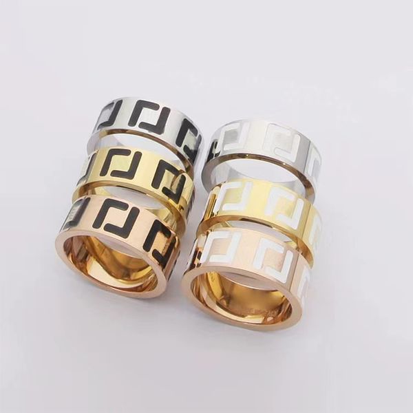 

2023 fashion brand couple f ring brand black and white oil drop wide face engagement ring gift titanium steel designer ring for men and wome, Silver