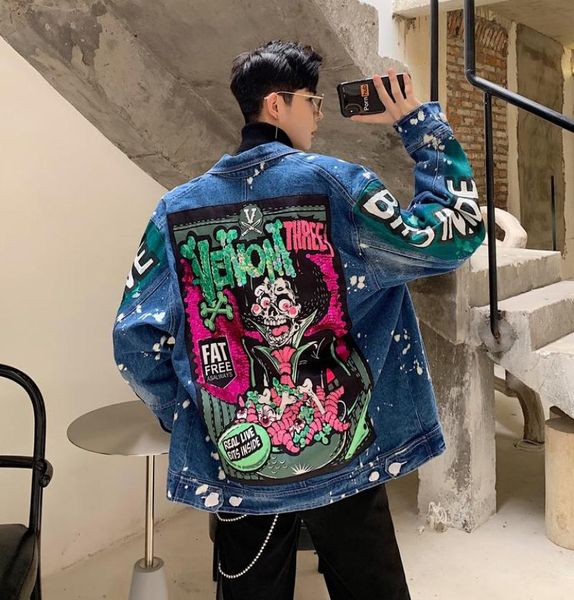 

yasuguoji men streetwear graffiti appliques printed jeans jacket hipster holes loose hip hop motorcycle casual denim jackets8601685, Black;brown