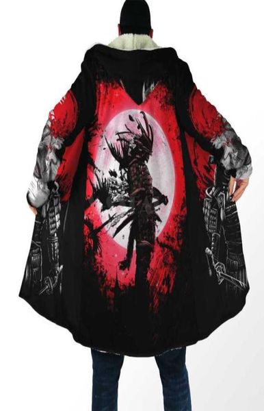 

men039s wool blends oni mask tattoo samurai all over 3d printed thick warm hooded cloak for men windproof fleece casua8339671, Black