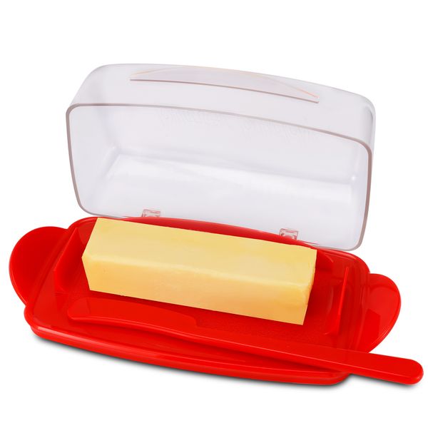 

butter dish with counterlid, durable plastic butter container with spreader knife, cute handle and flip lid design for easy access, non-slip
