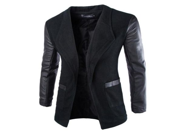 

new fashion winter leather sleeve long wool men coat casual slim fit men jacket coat patchwork solid long outwear5006841, Black