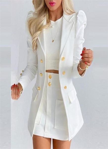 

two piece dress elegant knit plaid blazer cardigan slim skirt suits outfits women fashion office set vintage metal button lady 2202894109, White
