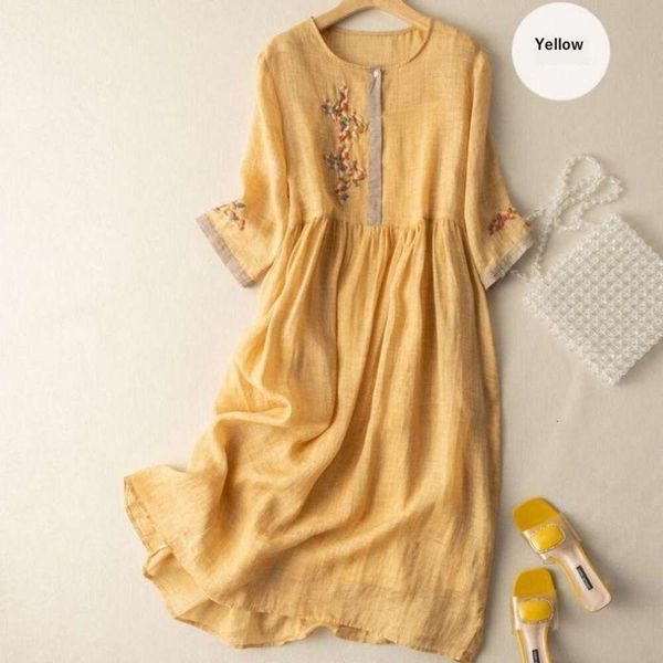 

mid length dress spring fashion product literary and artistic ethnic style hemp cotton embroidery loose flesh, Black;gray