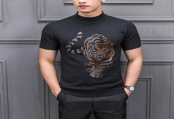 

new men039s drill print short sleeves men solid color sweater pullover t shirt slim knitted sweaters whiteblack1270146, White;black