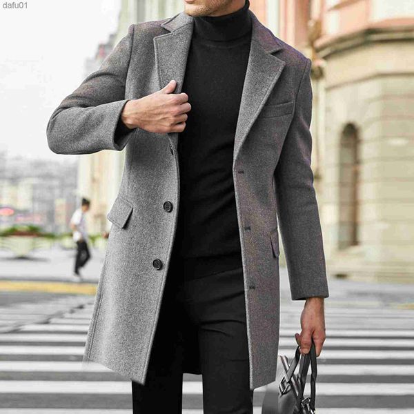 

woolen overcoat men's fashion single breasted medium length trench coat classic england style casual autumn winter warm jackets l230520, Black