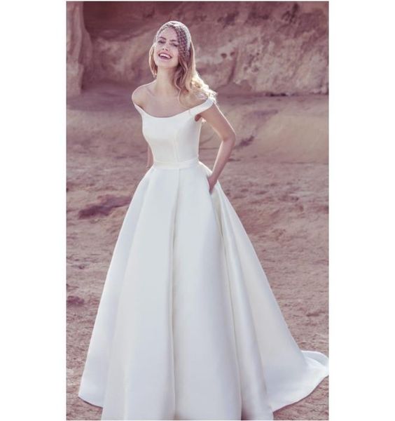 

popular simple charming aline off shoulder wedding dress satin bridal gown court train evening dress4628720, White