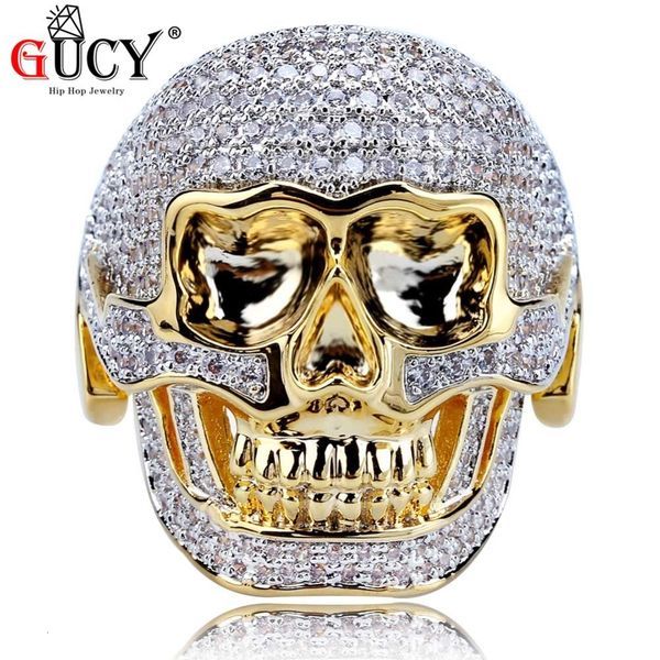 

wedding rings gucy hip hop skeleton bling ring gold color bicolor plated all iced out micro pave aaa cz stones skeleton head ring for men 23, Slivery;golden