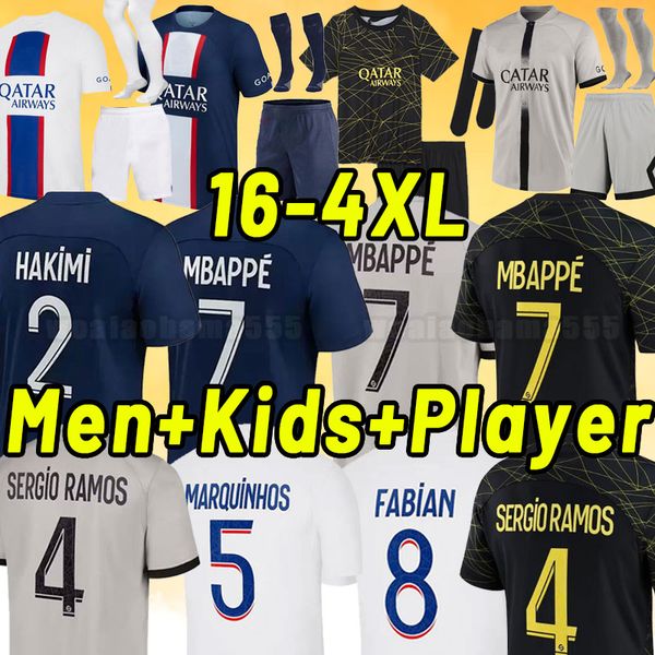 

3xl 4xl mbappe hakimi soccer jerseys 22 23 maillots de football 2022 2023 marquinhos verratti psgs men kids kit shirt uniform fabian sanches, Black;yellow
