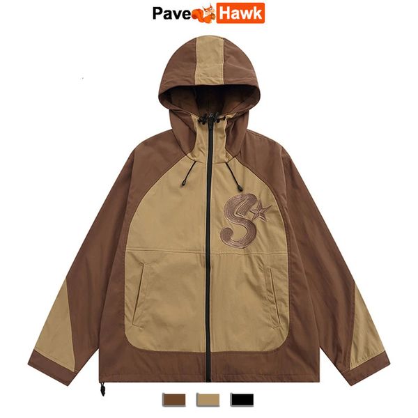 

men's jackets patchwork waterproof outdoor jackets men spring autumn hooded bomber jacket casual street loose zipper color block coat c, Black;brown