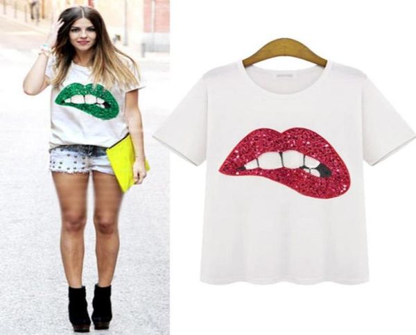 

women new t shirt sequined mouth print tshirt women casual short sleeve tshirts sxxl6183224, White