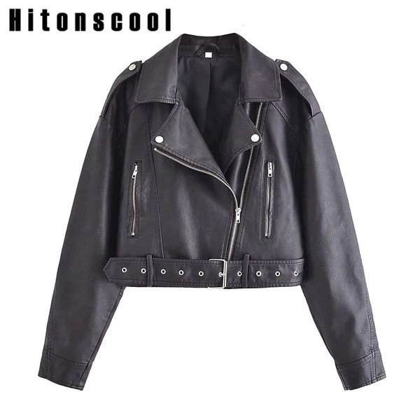 

womens jackets women vintage loose pu faux leather short jacket with belt streetwear female zipper retro moto biker coat outwear 230808, Black;brown