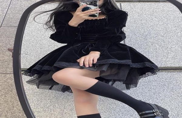 

casual dresses 2022 spring black velvet y2k mini dress woman gothic kawaii lolita party long sleeve korean fashion lace design sli5681257, Black;gray