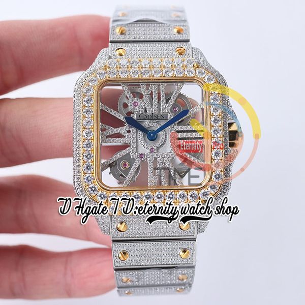 

sf twf0029 swiss ronda 4s20 quartz mens watch fully iced out big diamonds yellow gold bezel roman markers skeleton diamond dial steel bracel, Slivery;brown