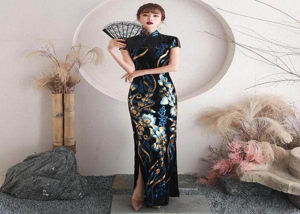 

ethnic clothing blue slim long cheongsam bling sequins chinese dress short sleeve stage show femme elegant qipao retro party s5xl9537406, Red