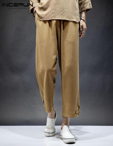 

man retro loose drawstring bottoms casual pantalones incerun leisure solid color men pants vintage baggy straight trousers s5xl m4773183, Black