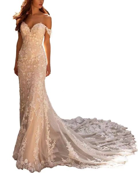 

2023 lace sparkly crystal rhinestones mermaid wedding dresses plus size off the shoulder lace overskirts bridal gowns dubai beach boho luxur, White