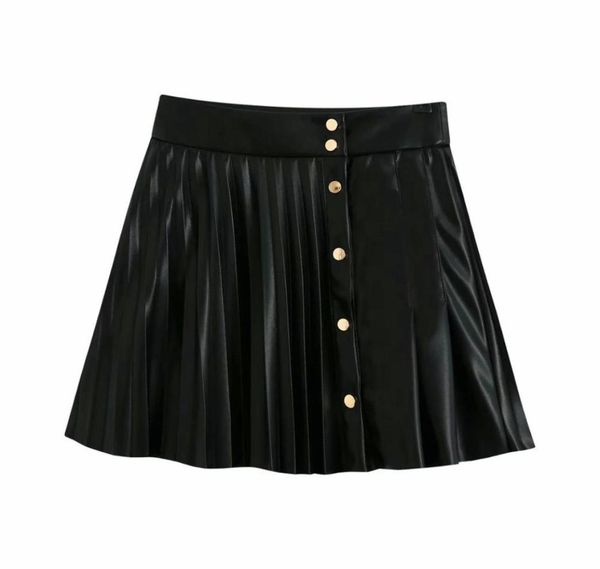 

2021 women skirt faux leather pleated mini skirt metal snapbutton highwaist stylish casual female skirts ropa mujer falda6553396, Black