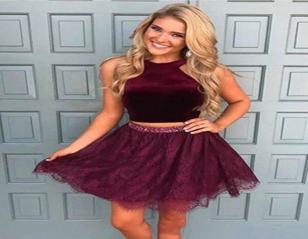 

2019 2 pieces homecoming party dresses burgundy halter lace a line beads sequin velvet short prom graduation cocktail p5350462, Blue;pink
