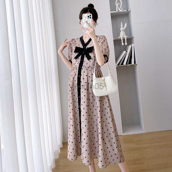 

maternity dresses summer pregnancy dress high waist dot printed bow v neck elegant maternity clothes for pregnant women plus size 2023 sprin, White