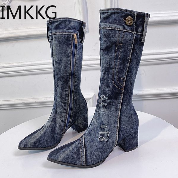 

boots women y denim midcalf block high heels winter fashion cowboy western thick heels shoes 230807, Black