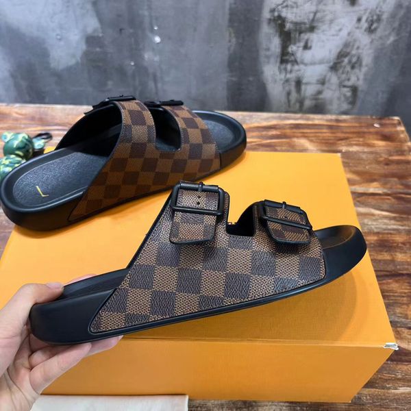 

trainer mule luxury designer men slippers trainer mule summer outdoor fashion mens buckles metallic leather slipper sandal slides beach shoe, Black