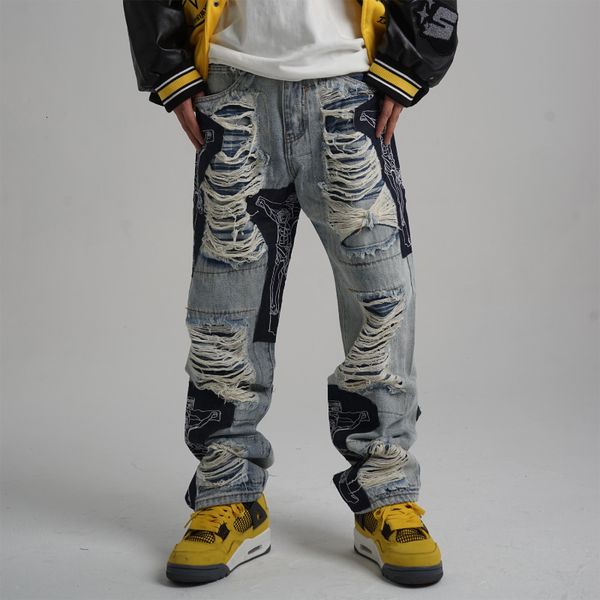 

mens jeans ripped tassel jesus cross embroidery high street pants shabby retro denim trousers loose harajuku 230808, Blue