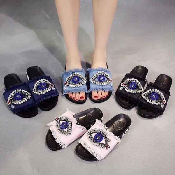 

sandals new summer eye tears rhinestone denim slippers fashion tassel thick-soled sandals casual home womens shoes designer 230417, Black