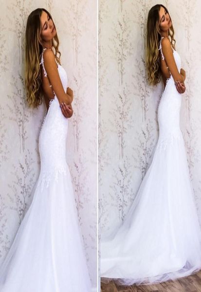 

lace mermaid wedding dresses sweetheart spaghetti straps tulle backless beach wedding gowns bridal dresses sweep train5826779, White