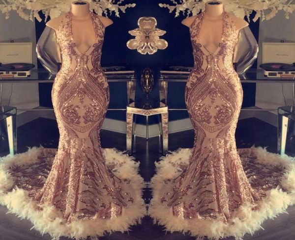

elegant halter sequins mermaid long prom dresses 2019 v neck feather sweep train evening party gowns bc104883905481217290, Black