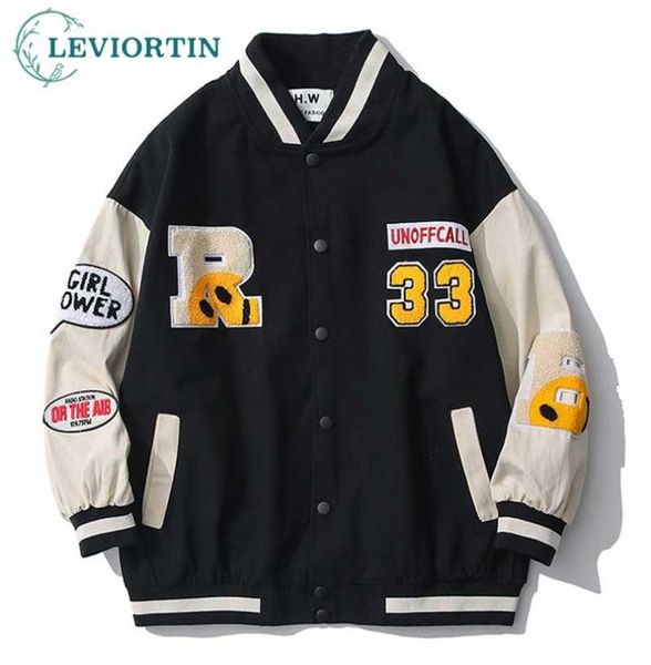 

hip hop men's baseball jacket harajuku cotton streetwear embroidery letter funny patchwork college jacket coat couple 2110255066987, Black;brown