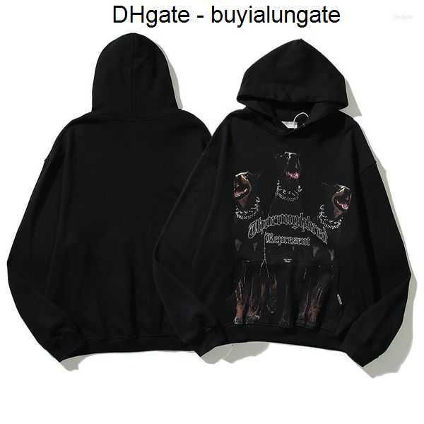 

men's hoodies retro dog print letter foam pullover fleece for male and female high street oversized casual sweatshirts loose hooded 14q, Black