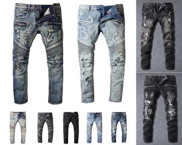 

mens designer jeans distressed ripped biker slim fit motorcycle bikers denim for men s fashion mans black pants pour hommes1044654, Blue