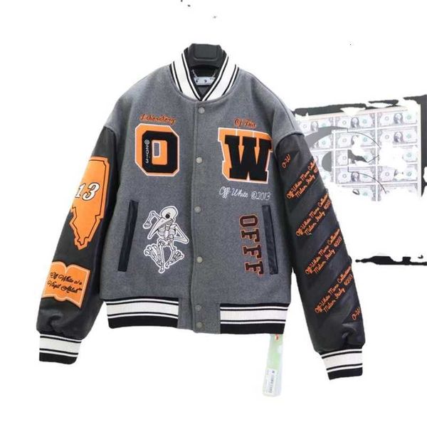 

designer jacket 2023 early spring new ow skull decal wool tweed splicing leather sleeve heavy industry embroidery jacket batch, Black;brown