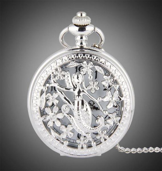 

tfo pocket watch silver hollow petals surround dancing mermaid design pendant ladies fashion gift necklace2833621, Slivery;golden