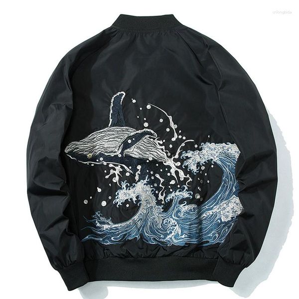 

men's jackets 2023 autumn men women embroidery baseball jacket whale waves fashion hip hop couple boys hipster streewear windbreaker, Black;brown