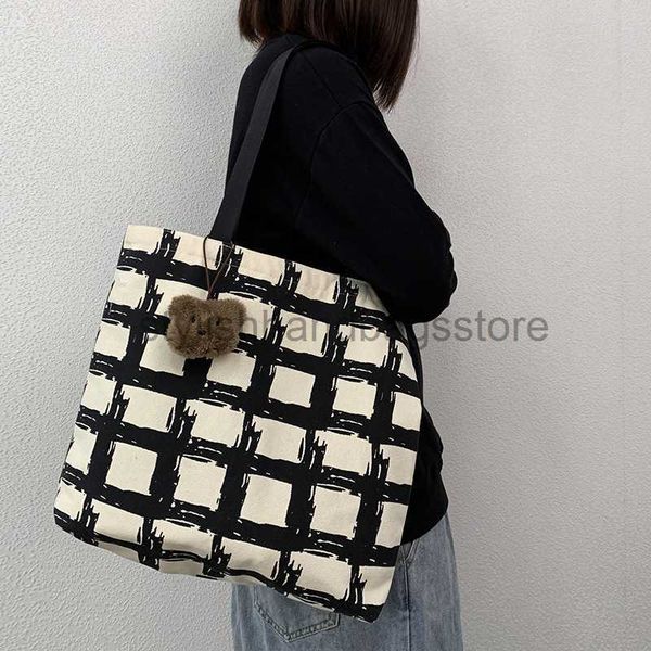 

shoulder bags canvas bag large capacity women's one shoulder student classroom handbag simple art square plaid zipper canvas bagstylish