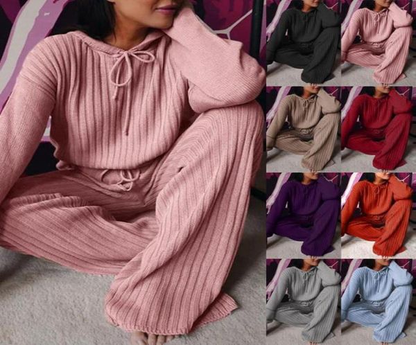 

women solid knitted tracksuit twopiece set women hooded sweater long wide leg trousers ladies fashion suits streetwear suits3075932237433, Black;blue