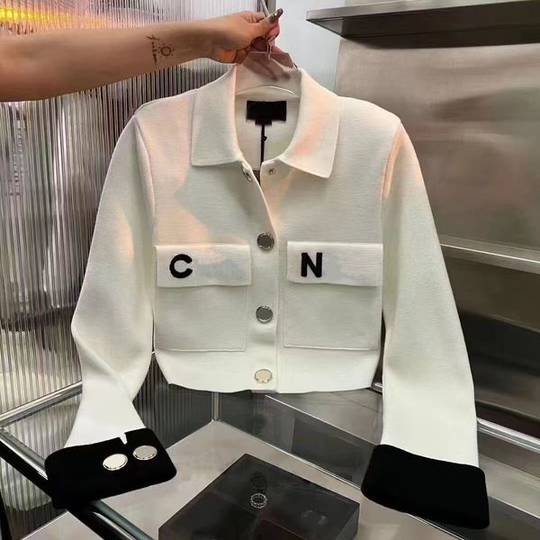 

designer lapel polo cardigan women's jackets fashion metal double c logo button large pockets black & white two colors cardigan jackets, Black;brown