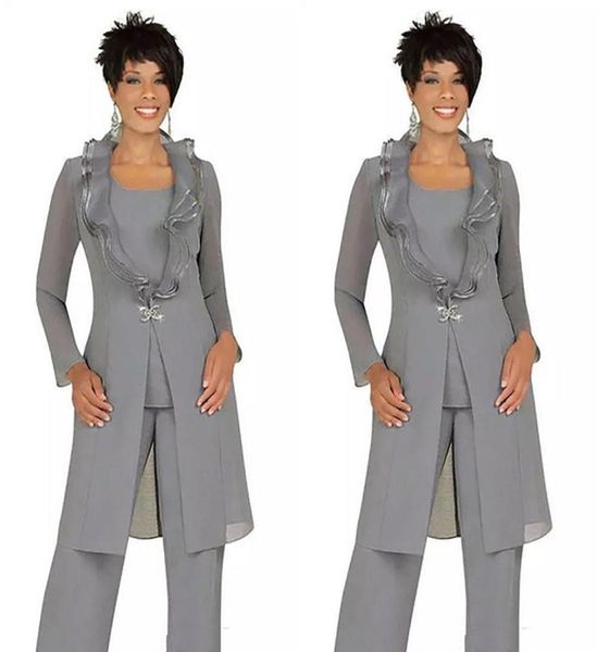 

three pieces gray chiffon mother of the bride pant suits with long jacket custom made women wedding guest dresses formal evening o5500560, Black;red