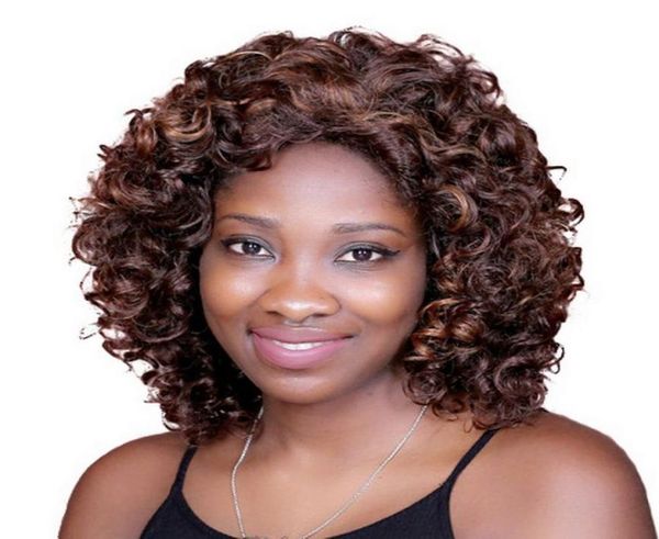 

14inch mix dark brown hair highlights curly short wigs for black women heat resistant synthetic mommy wig62024565921394