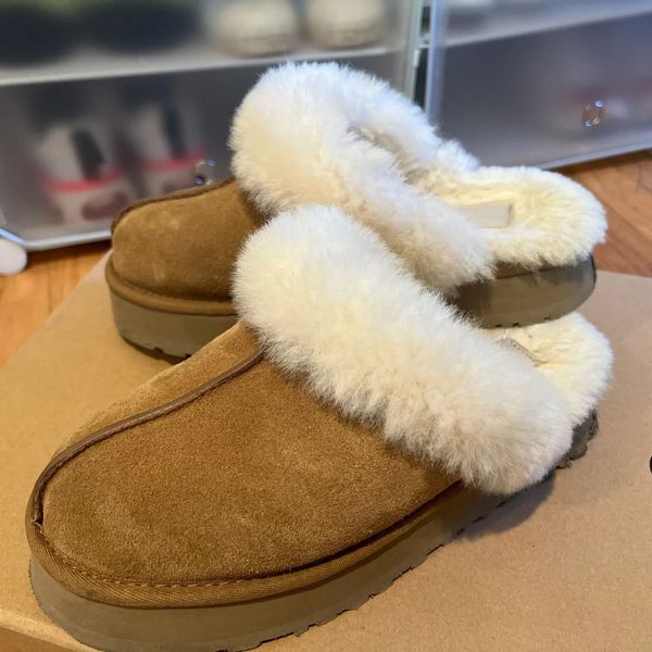 

designer fluffy slipper australia platform slippers ug scuffs wool shoes sheepskin fur real leather classic brand casual women outside slide, Black