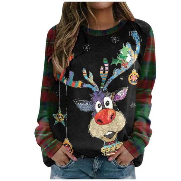 

no brand name large digital print women's long sleeve round neck sweater, Black