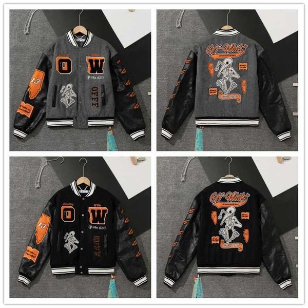 

2023 spring and autumn new fashion brand offss ow embroidered patchwork bomber jacket woolen lovers' style, Black;brown