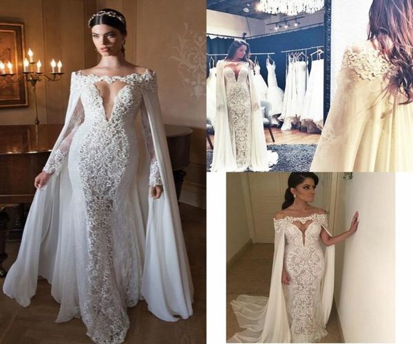 

2019 berta lace wedding dresses with wrap off shoulder long sleeves chiffon long bridal gowns floor length custom made cowl b3499978, White
