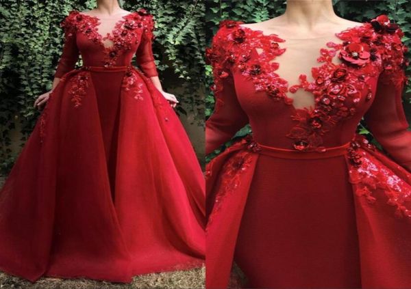 

vintage red mermaid evening formal dress with detachable train beading appliqued crystals long sleeve prom gowns robe de soiree5754009, Black;red