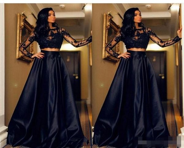 

black two pieces prom dresses 2019 jewel illusion long sleeves lace appliques open back plus size party dress evening gowns5909682